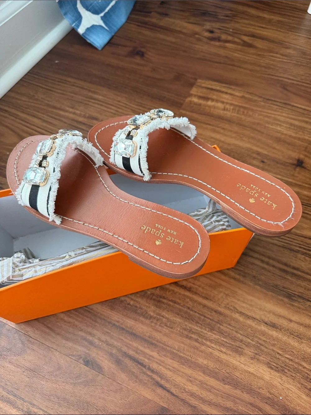 kate spade Crystal-Embellished White Frayed Slide Sandals